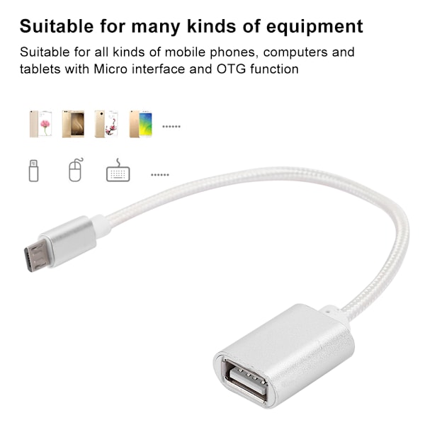 3 stk. flettet kludforstærket stik, ingen rust, jævn transmission, USB-indgang, mikro-udgang, OTG-adapterkabel til Android, sølv