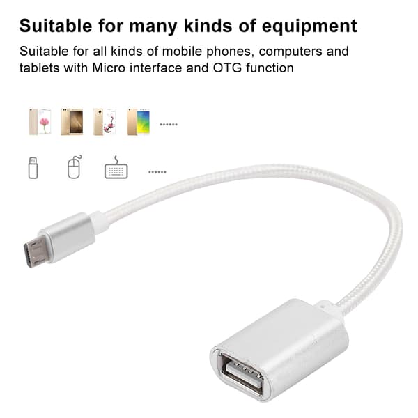 3 STK Vævet Stof Forstærket Stik Ingen Rust Glat Transmission USB Input Micro Output OTG Adapterkabel til AndroidSølv
