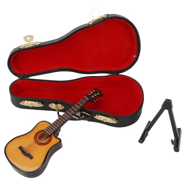 Miniatyr elgitarr modell i lindträ och metall, mini musikinstrument prydnader 13 cm Cutaway-gitarr
