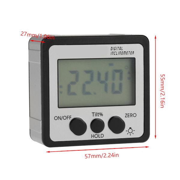 Digital magnetisk inklinometer vinkelmåler gradskive 4 x 90° (sølv)