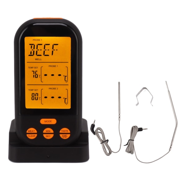 EN2010 1 Trådløs dobbel probe termometer Kjøkken kjøtt termometer Digital grill termometer Svart med oransje bakgrunnsbelysning