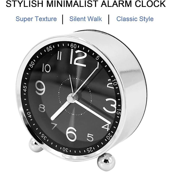4 Retro stil tyst metallväckarklocka med elektromekaniskt batteridrivet morgonalarm - svart reseklocka