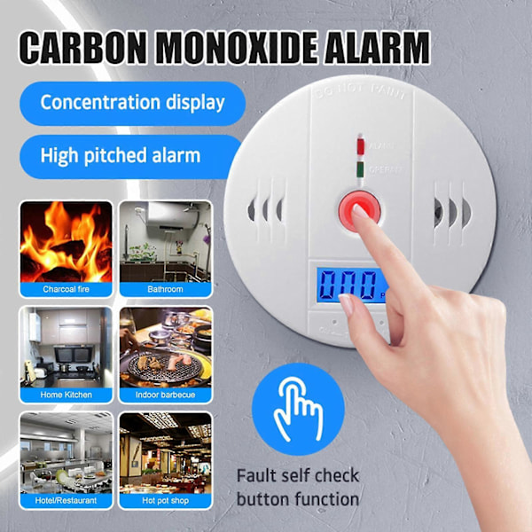 2 stk. Digital Karbonmonoksid (CO) Detektor Varsel Alarm Sensor Batteridrevet -GSL