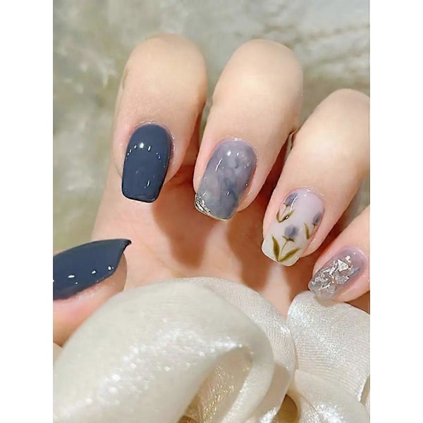 Romantiska Blå Tulpan Nagelstickers 2ml Lim Inkluderat Halos Färgade Lösnaglar Festtillbehör