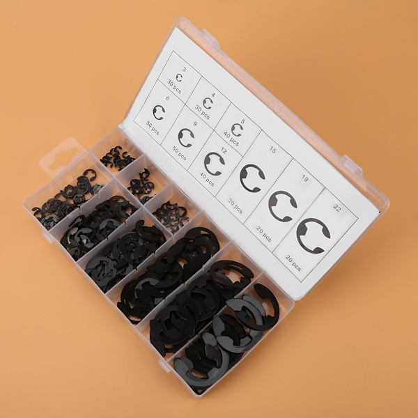 300 stk. sorte metal E-clips E-ring akselholderinge sortiment 3mm-22mm med æske
