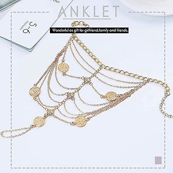 Punk Fod Smykker Barefodssandaler Guldmynt Anklet Armbånd Boho Tassel Anklets til Kvinder og Piger (Pakke med 2) (Guld)