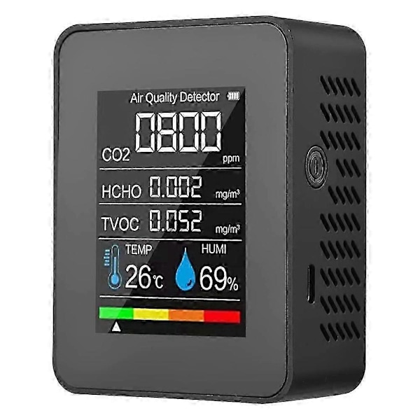 5 i 1 Luftkvalitetsmåler TVOC HCHO Temperatur Fugtighed CO2 Måler, USB Genopladelig CO2 Detektor