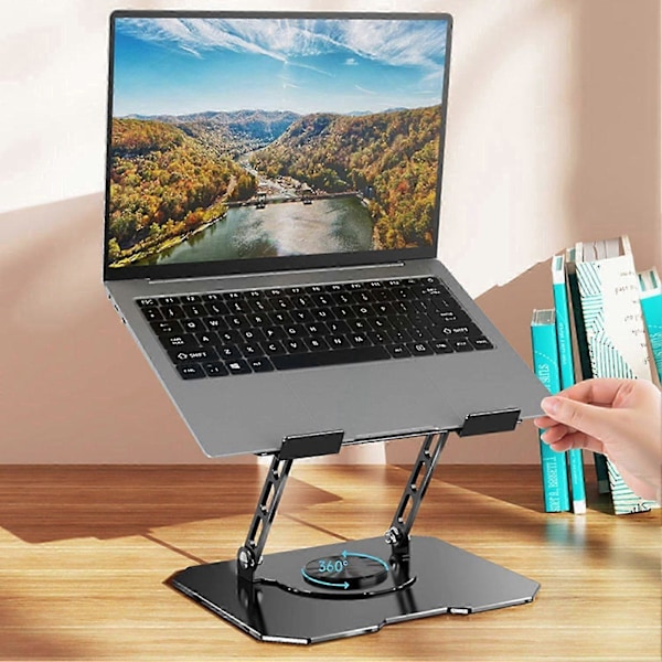 Laptop Stand med 360-graders rotationsbase, robust konstruktion, justerbar højde og vinkel, foldbart design, laptop holder, sort
