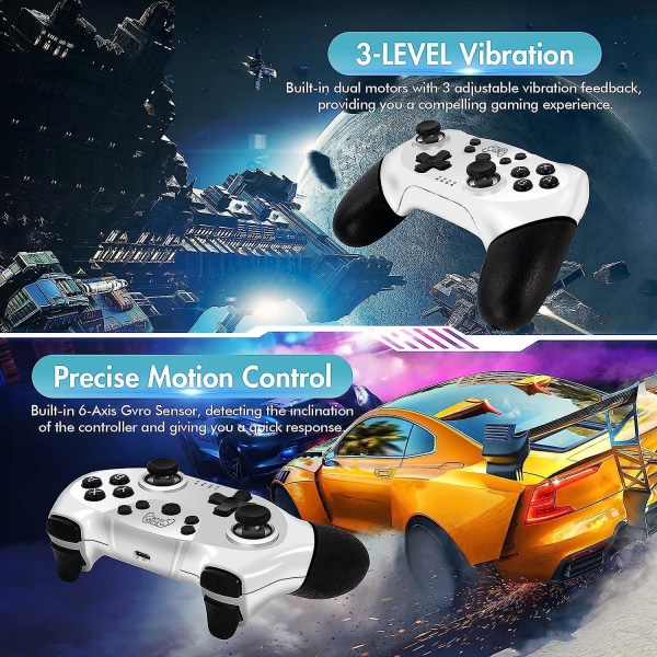 Switch Pro-kontroller, trådløs spillkontroller for Nintendo Switch/Switch Lite/Switch OLED med vekkefunksjon, turbo og gyroakser (hvit+svart)