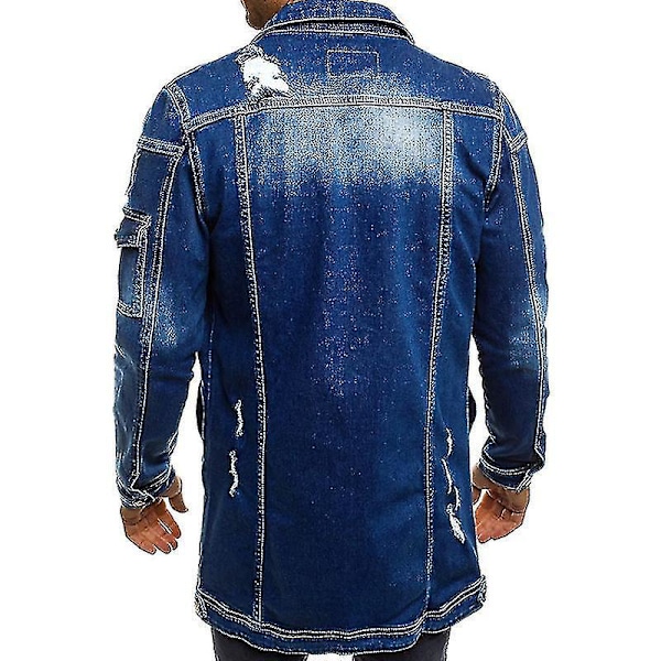 Trendy Herre Lang Ripped Denim Jakke for Vår og Høst XL MØRK BLÅ