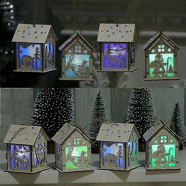 Jul Lysande Trähus Hängande Ornament Blinkande Jul