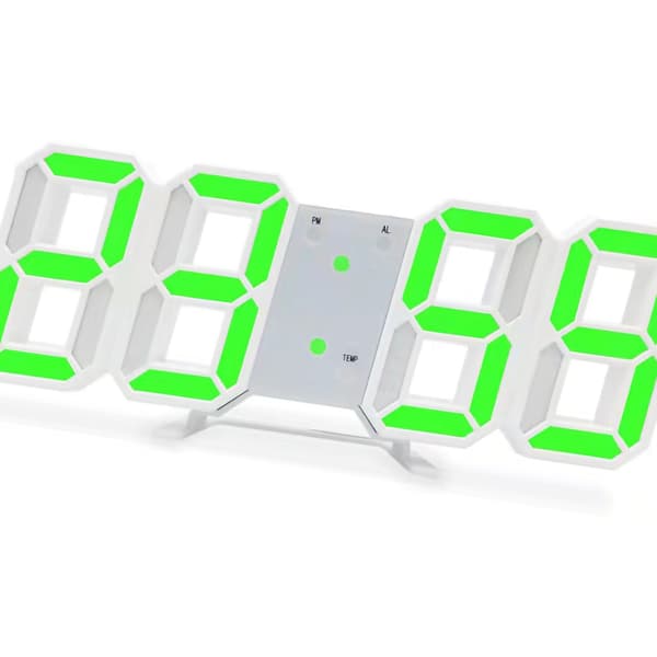 3D LED Väggklocka Minimalistisk Väggmonterad Väckarklocka för Hem Vardagsrum Kontor Vit Font Grön Bokstav