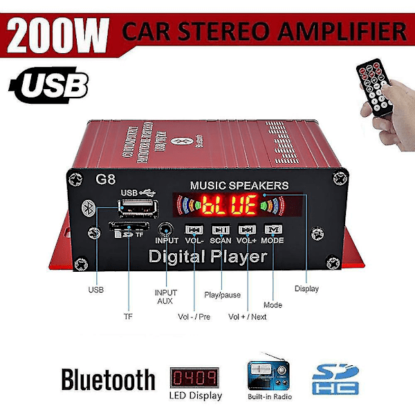 G8 200W 12V Bil Audio Forstærker HIFI Bluetooth Hjemme Stereo Forstærkere Audio Power Forstærker FM Radio 2CH USB TF AUX-B10