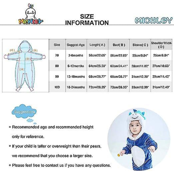 Baby Unicorn hættetrøje Jumpsuit Blød flannel pyjamas til 18-24 måneder Unisex