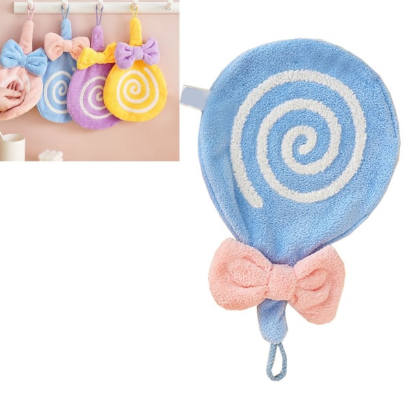 Söt handduk för barn, tjock och mjuk korallfleece, absorberande handduk med hängögla för badrum och kök, blå