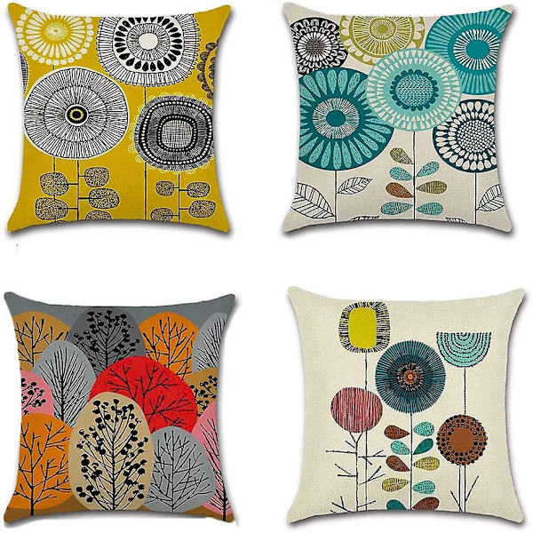 Abstrakt blomstermønster bomullslin putetrekk sett - 4 stykker for stue, soverom, sofa, bildekorasjon