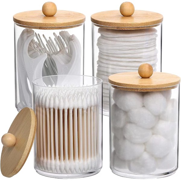 4 clips, 10 OZ badrum Manager Tillbehör förvaringsbehållare transparent Plast Apotekstank med Bambulock för Bomullsbollar, Bomullspads, Bomullspinnar