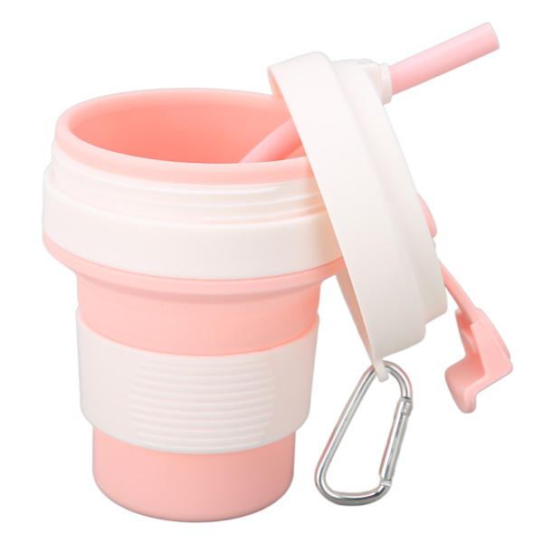 Vikbar kaffekopp Silikon Rosa 350 ml Bärbar Bra tätningsprestanda med sugrör Vikbar kaffemugg för resor