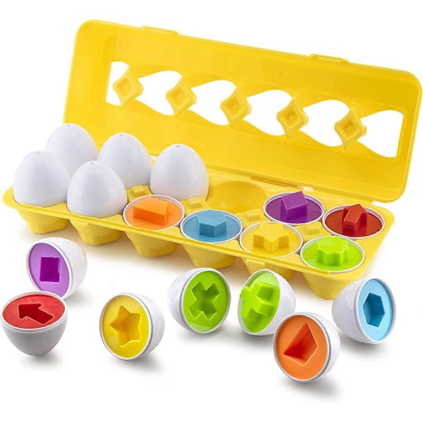 Form- och färgmatchande ägg - Påskäggleksaker - Perfekt för småbarnsleksaker - Utmärkt för utveckling av färg- och formigenkänning - 12 formade ägg