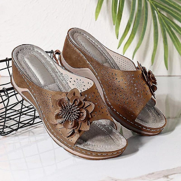 Arch-support Wedge Sandals: Dam Sandaler med ihåliga blommor för sommaren 38 Svart