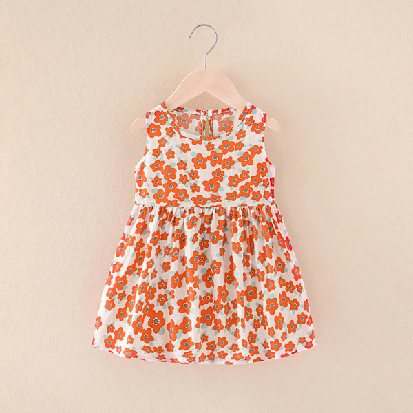 Girls Dress Sleeveless Crewneck Floral Printed Breathable Cool Cute Fashion Summer Suit for Kids Orange Flowers 35.4in