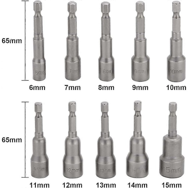 10 stk. Slagtrekkerbitssett 6-15mm Magnetisk sekskantpipe-sett Magnetisk bitssett Drill sekskantdrift pipe-sett 1/4 tomme for hurtigskift chuck