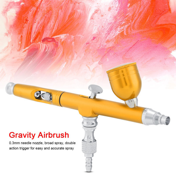Dual Action Gravity Feed Airbrush Gun 0,3mm Spray Art Paint Tattoo Nail Tool Kit (kultainen)
