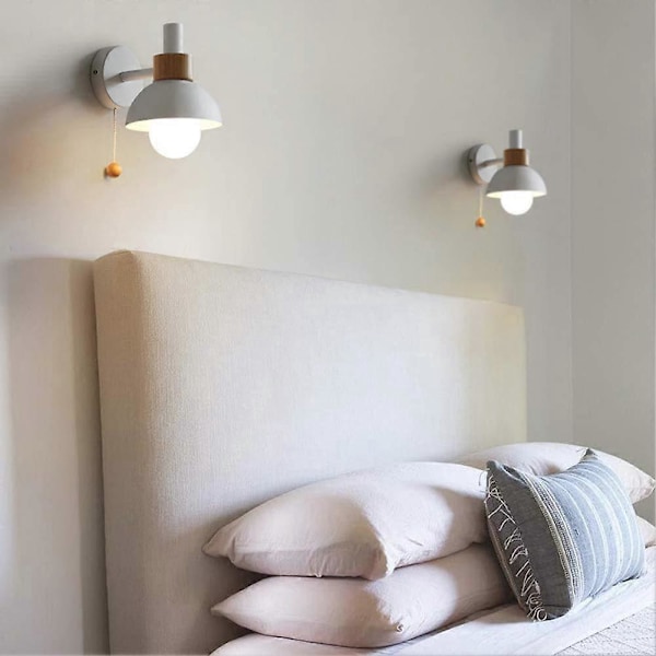 Modern Vägglampa, Vägglampa i Järn och Trä med Dragströmbrytare, E27 Rund Vägglampa, Sänglampor, Läslampor, Belysning för Sovrum Vardagsrum, Vit