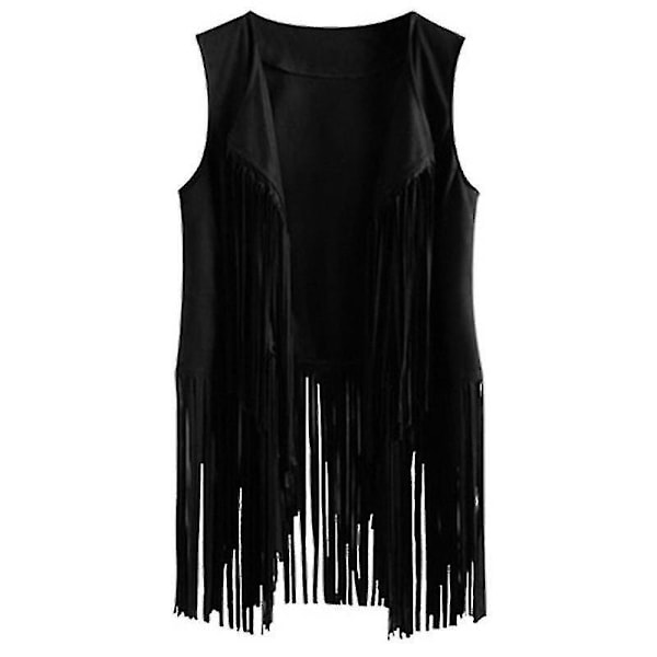 Frynsede Tassels 70'er Hippie Sort Kunstlæder Ærmeløs Åben Front Jakke XL