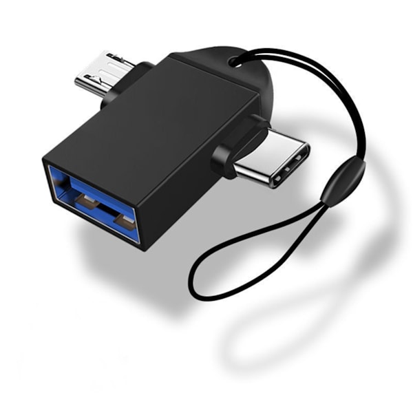 OTG-sovitin 3-in-1, tyyppi C - USB 3.0 -naaras, alumiiniseos, yleiskäyttöinen Androidille, musta, avainnauhalla