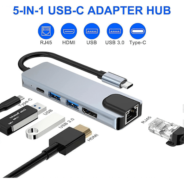 5 i 1 USB C Docking Station, Type C til HDMI Adapter RJ45 Ethernet 4K HDMI 100W PD 2 USB 3.0 kompatibel med MacBook Pro / Air og Type C enheder