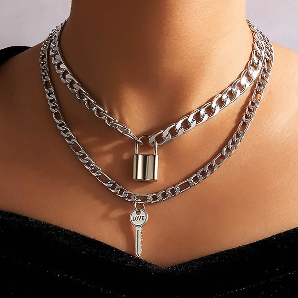 Multilayer Cuban Punk Sølv Choker Halskæde med Hængelås, Nøgle og Tykke Ledkædevedhæng til Kvinder