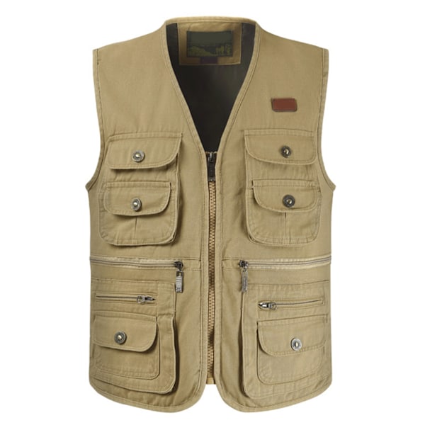 Cargo Vest Multi Pockets Soft Breathable Pure Cotton Smoothing Zipper Fishing Vest for Outdoor Journalist The Old Brown XL