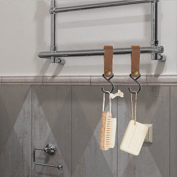 Læder S-kroge Sæt - 8stk | Metalophængskroge til Camping, Barnevogne Mud brown