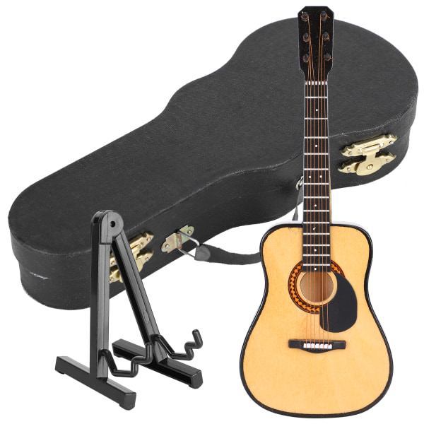 Miniatyyri musiikki-instrumentti Puinen kitaramalli Nukkekodin koristelu case ja jalustalla
