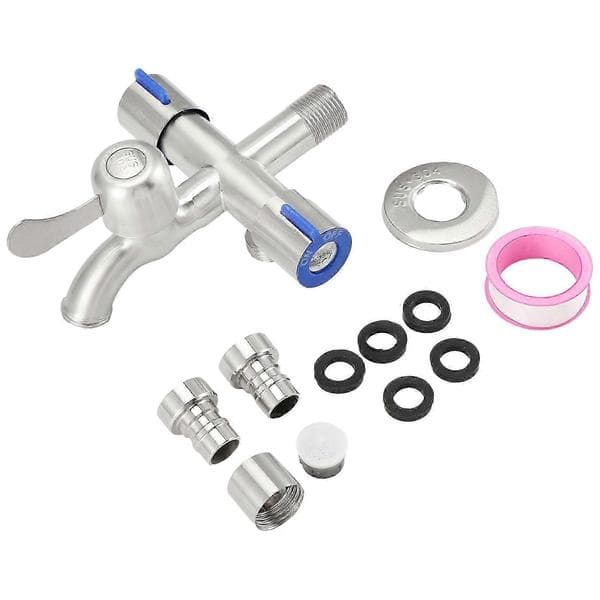 Sink with three-way stainless steel faucet, washing machine, two-way angle valve with tape Silver