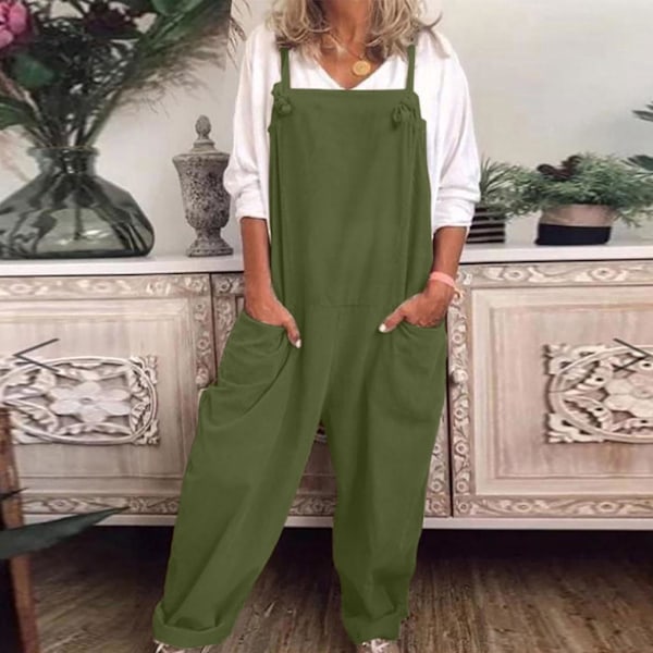 Casual Løs Bomuld Linned Kvinders Overalls Jumpsuit Grøn