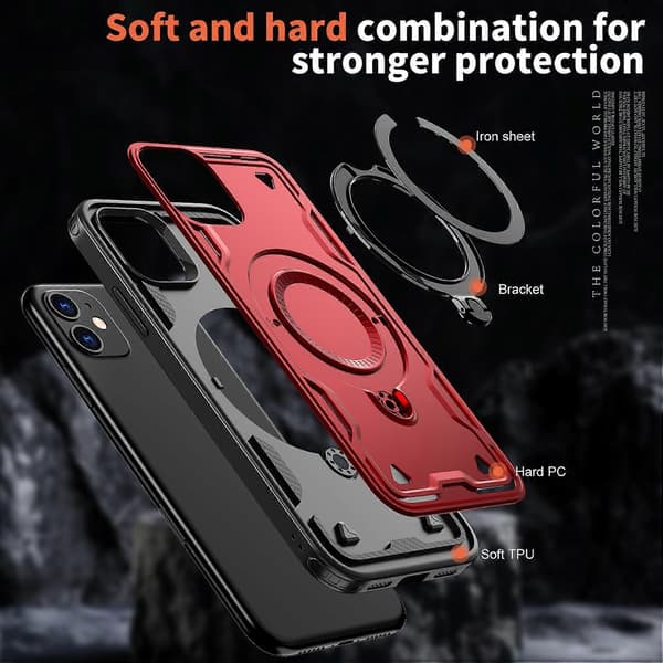 Deksler til iPhone 11/ XR Kompatibel med MagSafe Militær Beskyttelse PC+TPU Stativ Telefondeksel Red
