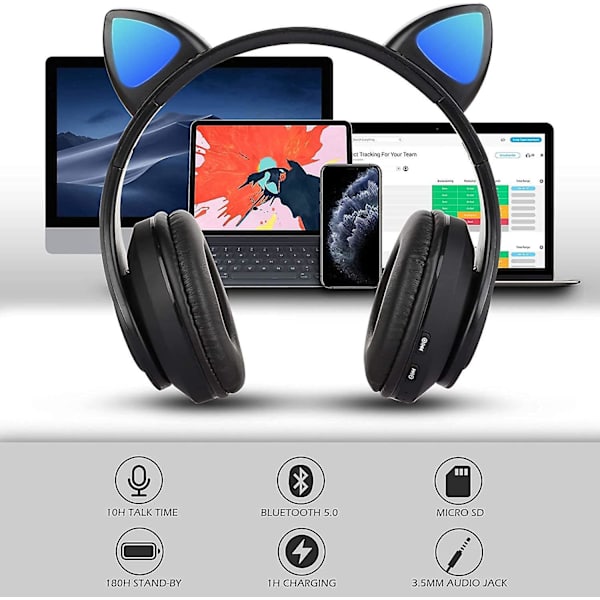 Sammenleggbare Cat Ear trådløse Bluetooth-hodetelefoner med innebygd mikrofon for barn, stereolydhodesett for telefoner, nettbrett og PC (svart)