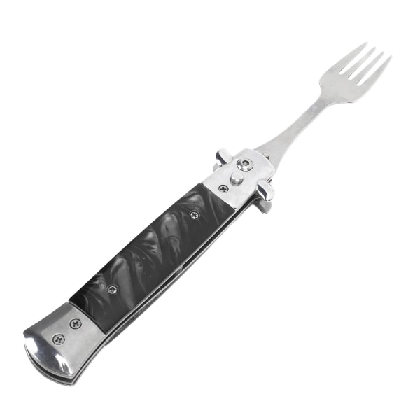 Vikbar fjäder Campinggaffel Enknappssnärt 304 Fickstorlek i rostfritt stål Automatisk fjäderredskap Gaffel Svart