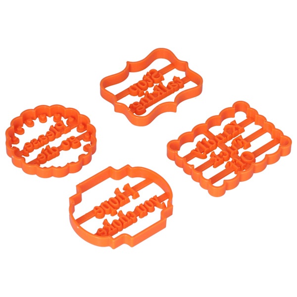 4 stk. kjeksformer i plast med setninger for DIY-baking, til hjem, bursdager og høytider