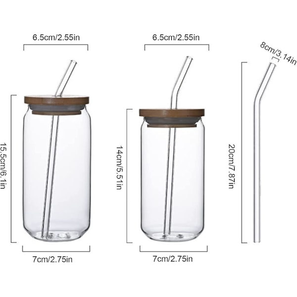 Dricksglas set med bambulock och glasstrå, 550ml/400ml - Återanvändbar Boba-kopp