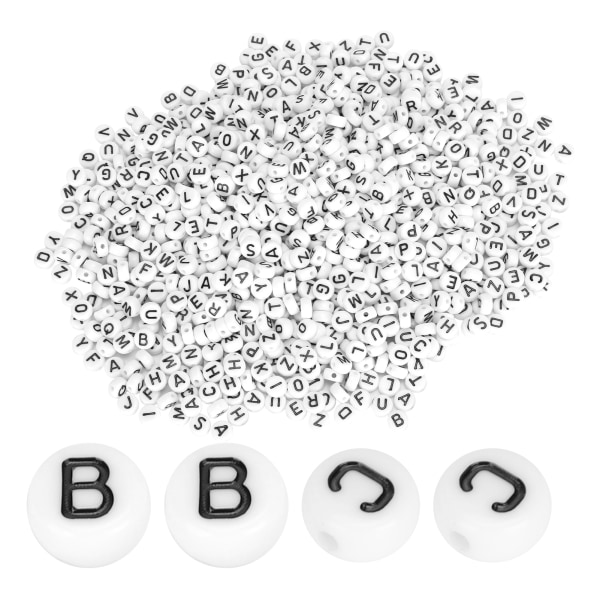 DIY akryl runda alfabetpärlor - 1000st, vit med svarta bokstäver