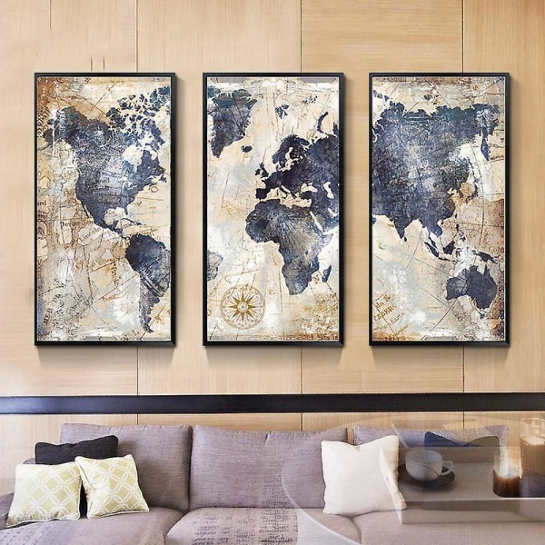 Nautical World Map Canvas print Triptyykki - 90x60 cm - Tuuliruusu -taide - Seinäkoristelu