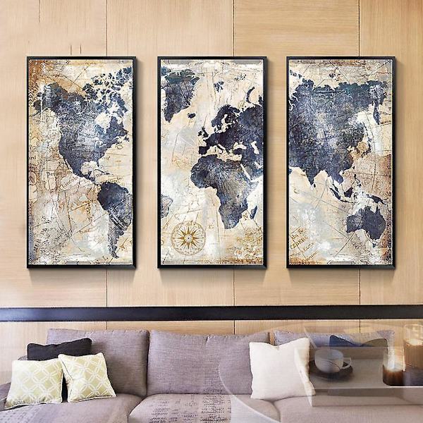Nautisk världskarta Print Triptyk - 90x60 cm - Vindroskonst - Väggdekoration