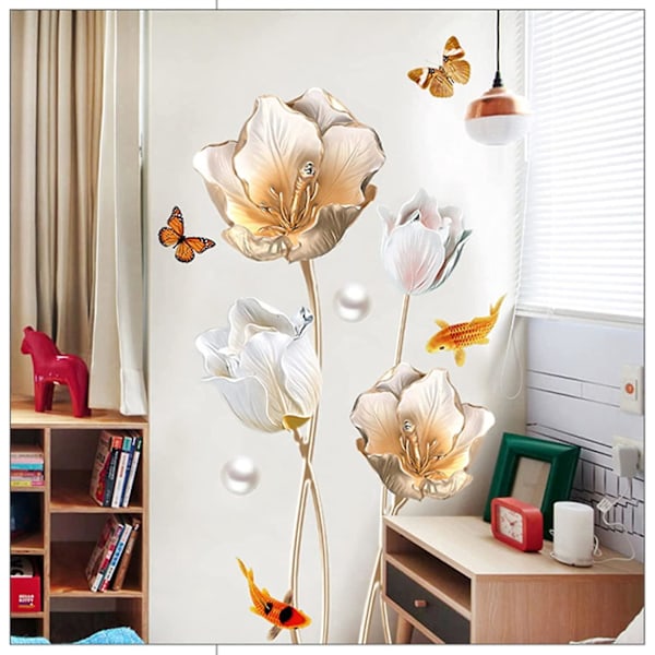 Gyldne Tulipaner Sommerfugle Vægdekoration Blomster Vægdekorationer Til Soveværelse Stue Køkken Entré Børneværelse Kontorområde Dekoration