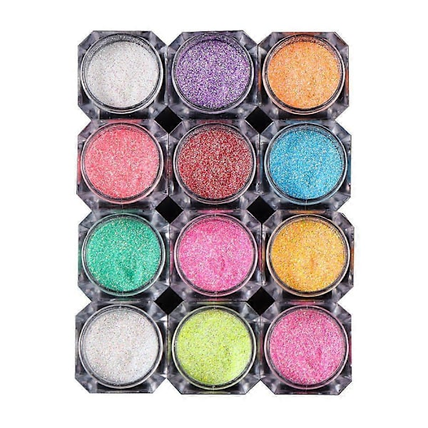 12 Flasker Neglelitterpulver, Reflekterende Neglekunstpulver, Holografisk Sukkereffekt, Krompigment, Manikyrdekorasjon F-091-01