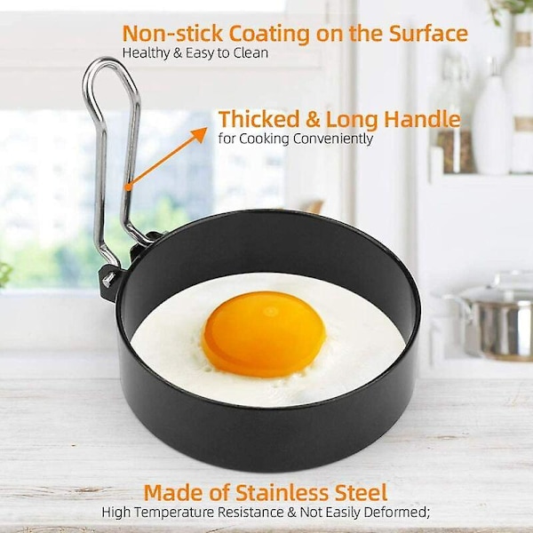 Non-stick eggeringer, 4 stk. runde eggformer i rustfritt stål for stekte og posjerte egg, crumpets til kokekar og dampkjeler