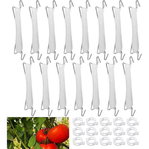 15-delade vita tomathållarkrokar set med 10 m rep, 15 hållarklämmor - perfekt för trädgårdar, blommor och grönsaker
