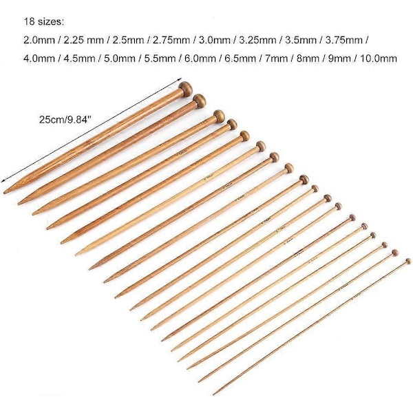 25 cm stickor, 36 st 18 par bambustickor enkel virkningsset 18 storlekar från 2,0 m